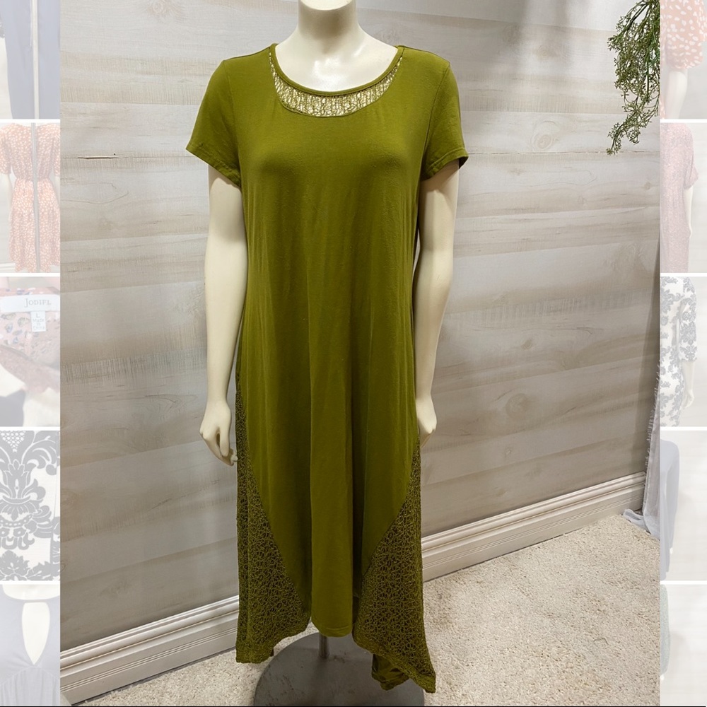 Green Crochet Accent Midi Dress